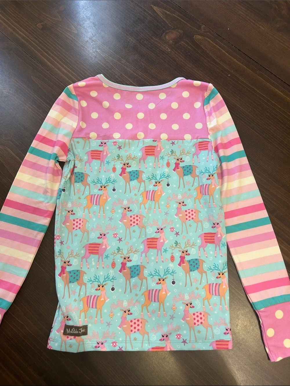 Matilda Jane Pink & Aqua Reindeer Stripe Pajama Top size 8